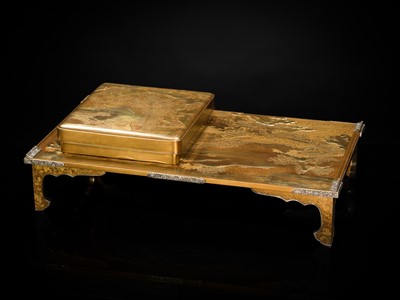 Lot 210 - A MAGNIFICENT MATCHING GOLD LACQUER SET OF A SUZURIBAKO (WRITING BOX) AND A BUNDAI (WRITING DESK)
