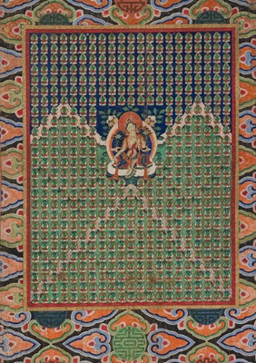 Lot 106 - A FINE THANGKA DEPICTING WHITE TARA SURROUNDED BY 731 EMANATIONS OF GREEN TARA, TIBETAN-CHINESE, 19TH CENTURY