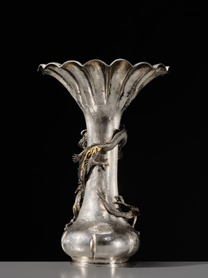 Lot 22 - WATANABE: AN IMPRESSIVE AND VERY LARGE (53 CM) SILVER ‘DRAGONS WITH CRYSTAL TAMA’ VASE