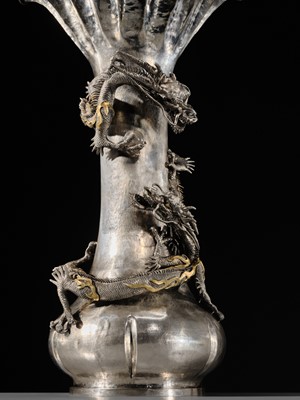 Lot 22 - WATANABE: AN IMPRESSIVE AND VERY LARGE (53 CM) SILVER ‘DRAGONS WITH CRYSTAL TAMA’ VASE