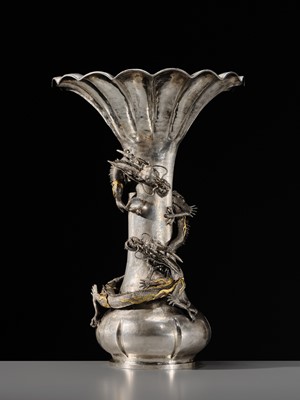 Lot 22 - WATANABE: AN IMPRESSIVE AND VERY LARGE (53 CM) SILVER ‘DRAGONS WITH CRYSTAL TAMA’ VASE