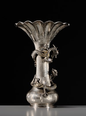 Lot 22 - WATANABE: AN IMPRESSIVE AND VERY LARGE (53 CM) SILVER ‘DRAGONS WITH CRYSTAL TAMA’ VASE