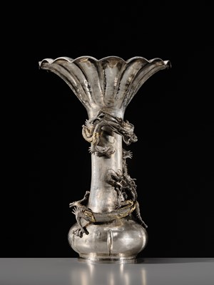 Lot 22 - WATANABE: AN IMPRESSIVE AND VERY LARGE (53 CM) SILVER ‘DRAGONS WITH CRYSTAL TAMA’ VASE