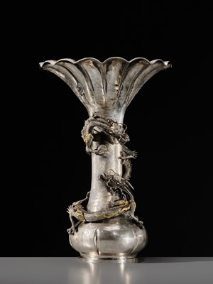 Lot 22 - WATANABE: AN IMPRESSIVE AND VERY LARGE (53 CM) SILVER ‘DRAGONS WITH CRYSTAL TAMA’ VASE