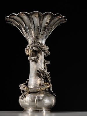 Lot 22 - WATANABE: AN IMPRESSIVE AND VERY LARGE (53 CM) SILVER ‘DRAGONS WITH CRYSTAL TAMA’ VASE