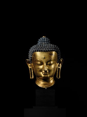 Lot 36 - THE MONUMENTAL AND UNIQUE ‘ULRICH VON SCHROEDER’ GILT-COPPER HEAD OF BUDDHA, TIBET, 14TH CENTURY