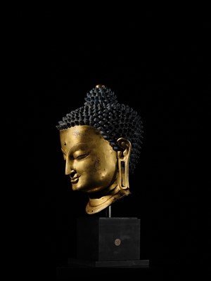 Lot 36 - THE MONUMENTAL AND UNIQUE ‘ULRICH VON SCHROEDER’ GILT-COPPER HEAD OF BUDDHA, TIBET, 14TH CENTURY