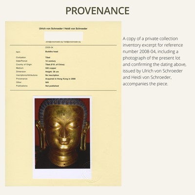 Lot 36 - THE MONUMENTAL AND UNIQUE ‘ULRICH VON SCHROEDER’ GILT-COPPER HEAD OF BUDDHA, TIBET, 14TH CENTURY
