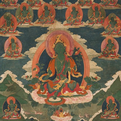 Lot 85 - A VERY RARE 'TWENTY-ONE IMAGES OF GREEN TARA' THANGKA, TIBET, 17TH-18TH CENTURY, EX ULRICH VON SCHROEDER