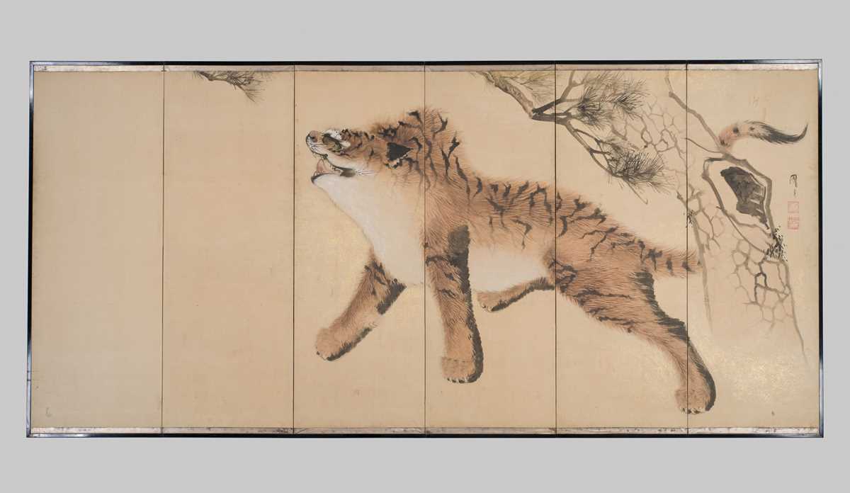 ICHIMURA HOCHO: A SUPERB MARUYAMA SCHOOL SIX-PANEL ‘TIGER AND PINE’ SCREEN (BYOBU)