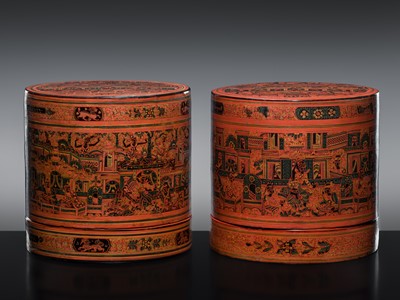 Lot 487 - A PAIR OF LACQUERED BAMBOO ‘COURT SCENES’ BETEL BOXES, KUN-IT, 1900-1960