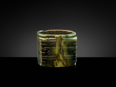 Lot 114 - AN IMPORTANT AND EXTREMELY RARE GREEN JADE THREE-TIERED CONG, NEOLITHIC PERIOD, LIANGZHU CULTURE