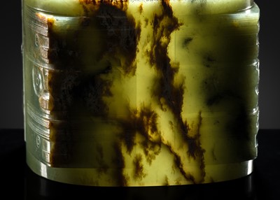 Lot 114 - AN IMPORTANT AND EXTREMELY RARE GREEN JADE THREE-TIERED CONG, NEOLITHIC PERIOD, LIANGZHU CULTURE