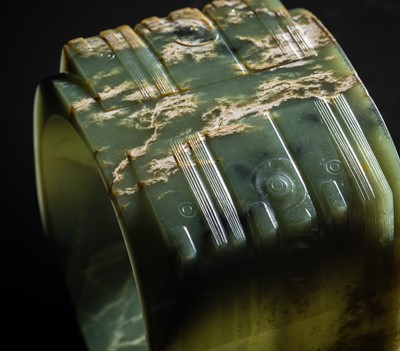 Lot 114 - AN IMPORTANT AND EXTREMELY RARE GREEN JADE THREE-TIERED CONG, NEOLITHIC PERIOD, LIANGZHU CULTURE