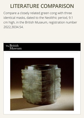 Lot 114 - AN IMPORTANT AND EXTREMELY RARE GREEN JADE THREE-TIERED CONG, NEOLITHIC PERIOD, LIANGZHU CULTURE