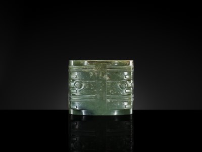 Lot 114 - AN IMPORTANT AND EXTREMELY RARE GREEN JADE THREE-TIERED CONG, NEOLITHIC PERIOD, LIANGZHU CULTURE