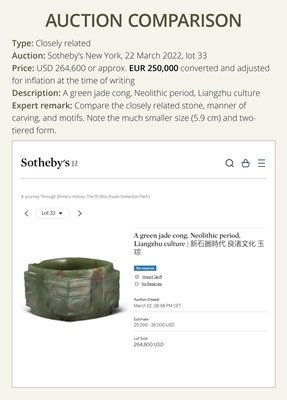 Lot 114 - AN IMPORTANT AND EXTREMELY RARE GREEN JADE THREE-TIERED CONG, NEOLITHIC PERIOD, LIANGZHU CULTURE