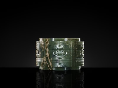 Lot 114 - AN IMPORTANT AND EXTREMELY RARE GREEN JADE THREE-TIERED CONG, NEOLITHIC PERIOD, LIANGZHU CULTURE