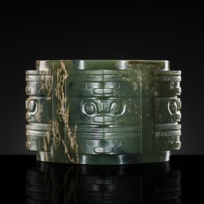 Lot 114 - AN IMPORTANT AND EXTREMELY RARE GREEN JADE THREE-TIERED CONG, NEOLITHIC PERIOD, LIANGZHU CULTURE