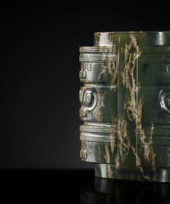 Lot 114 - AN IMPORTANT AND EXTREMELY RARE GREEN JADE THREE-TIERED CONG, NEOLITHIC PERIOD, LIANGZHU CULTURE
