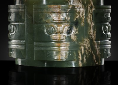 Lot 114 - AN IMPORTANT AND EXTREMELY RARE GREEN JADE THREE-TIERED CONG, NEOLITHIC PERIOD, LIANGZHU CULTURE
