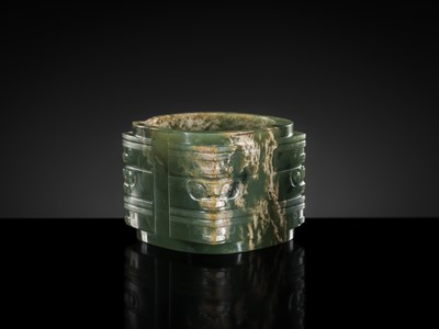 Lot 114 - AN IMPORTANT AND EXTREMELY RARE GREEN JADE THREE-TIERED CONG, NEOLITHIC PERIOD, LIANGZHU CULTURE
