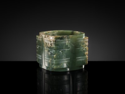 Lot 114 - AN IMPORTANT AND EXTREMELY RARE GREEN JADE THREE-TIERED CONG, NEOLITHIC PERIOD, LIANGZHU CULTURE