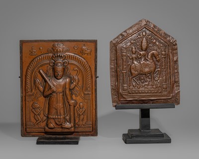 A LOT WITH TWO COPPER ALLOY VOTIVE PLAQUES DEPICTING VIRABHADRA AND SHIVA WITH PARVATI, 18TH-19TH CENTURY
