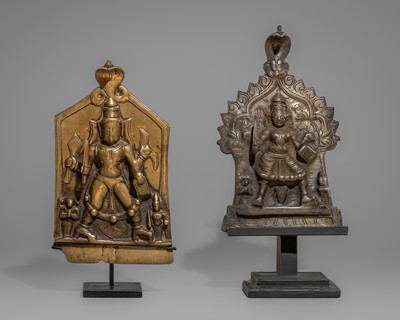 A LOT WITH TWO BRONZE VOTIVE PLAQUES DEPICTING VIRABHADRA, 18TH-19TH CENTURY