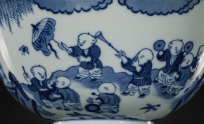 Lot 179 - A BLUE AND WHITE ‘SIXTEEN BOYS’ BOWL, DAOGUANG MARK AND PERIOD, PUBLISHED AND EXHIBITED, EX WEISHAUPT COLLECTION
