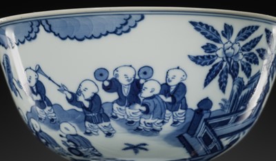 Lot 179 - A BLUE AND WHITE ‘SIXTEEN BOYS’ BOWL, DAOGUANG MARK AND PERIOD, PUBLISHED AND EXHIBITED, EX WEISHAUPT COLLECTION