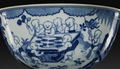 Lot 179 - A BLUE AND WHITE ‘SIXTEEN BOYS’ BOWL, DAOGUANG MARK AND PERIOD, PUBLISHED AND EXHIBITED, EX WEISHAUPT COLLECTION