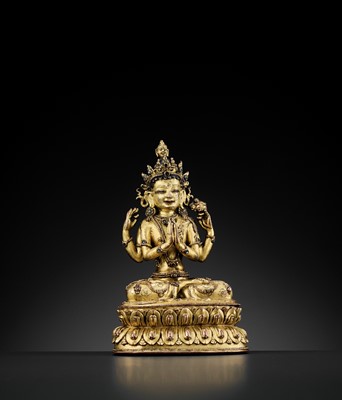 Lot 478 - AN ORIGINALLY SEALED GILT COPPER ALLOY FIGURE OF AVALOKITESHVARA SHADAKSHARI, 15TH-16TH CENTURY