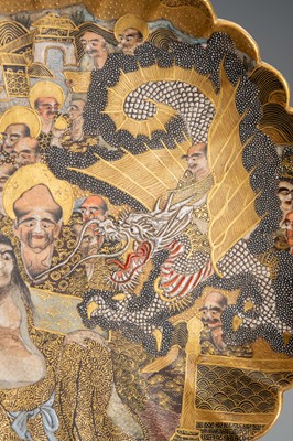 Lot 1572 - A SATSUMA EARTHENWARE SCALLOPED DISH WITH ARHATS