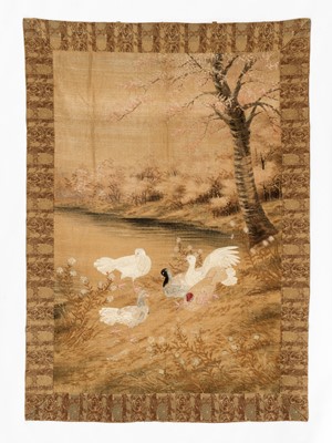 Lot 624 - A LARGE EMBROIDERED SILK ‘PIGEONS ON A LAKESHORE’ WALL HANGING