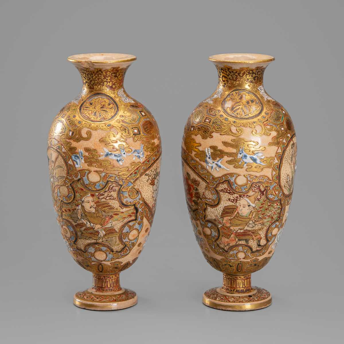 Lot 1571 - A PAIR OF SATSUMA EARTHENWARE MINIATURE VASES