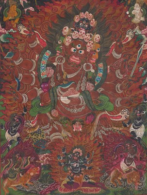Lot 99 - A VERY LARGE THANGKA DEPICTING A RARE MANIFESTATION OF CHATURMUKHA MAHAKALA, TIBET, 18TH-19TH CENTURY