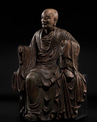Lot 125 - A LARGE POLYCHROME WOOD FIGURE OF BODHIDHARMA AFTER HIS RESURRECTION, EARLY MING DYNASTY