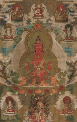 Lot 96 - A THANGKA DEPICTING AMITAYUS, THE RED BUDDHA OF LONGEVITY, HIMALAYAN REGION, 18TH–19TH CENTURY