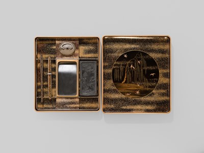 Lot 227 - A SUPERB TOGIDASHI LACQUER ‘FIREFLIES FROM THE TALE OF GENJI’ SUZURIBAKO (WRITING BOX)