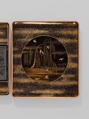 Lot 227 - A SUPERB TOGIDASHI LACQUER ‘FIREFLIES FROM THE TALE OF GENJI’ SUZURIBAKO (WRITING BOX)