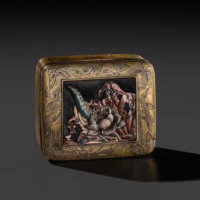SHINBO: A FINE MIXED METAL AND ENAMEL INLAID GILT BRONZE ‘LOTUS’ BOX AND COVER