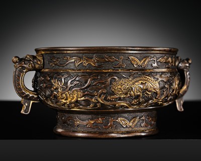 Lot 149 - A HU WENMING PARCEL-GILT BRONZE ‘BUDDHIST LIONS’ CENSER, GUI, MING DYNASTY