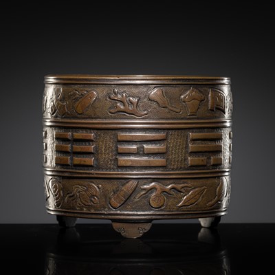 Lot 153 - A HU WENMING BRONZE ‘BA GUA’ TRIPOD INCENSE BURNER, LATE MING TO EARLY QING DYNASTY