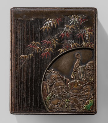 OGAWA HARITSU: A SUPERB INLAID LACQUER ‘SEVEN SAGES OF THE BAMBOO GROVE’ BUNKO (DOCUMENT BOX)