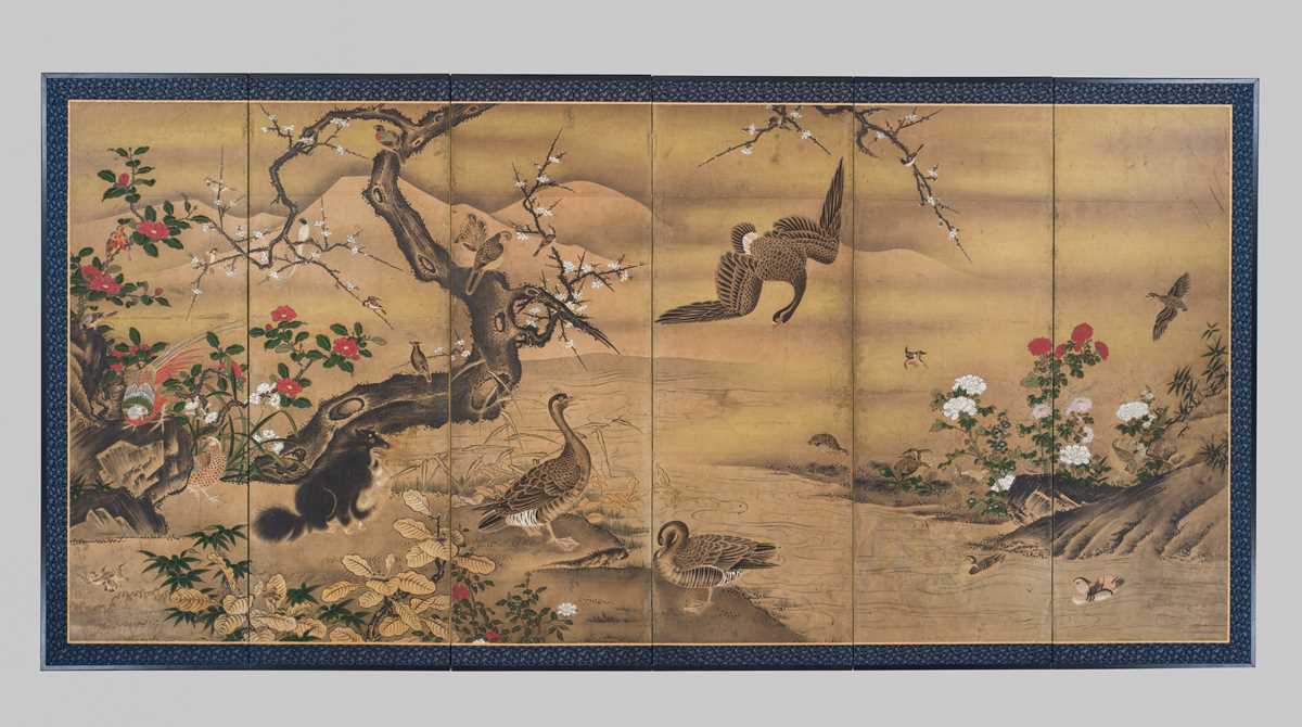 GEIAI: AN IMPORTANT SIX-PANEL ‘MUSK CAT, BIRDS AND FLOWERS’ BYOBU (FOLDING SCREEN)