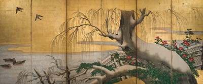 Lot 267 - A HIGHLY IMPORTANT SIX-PANEL ‘SNOW-DUSTED WILLOW AND DUCKS’ BYOBU (FOLDING SCREEN), ATTRIBUTED TO KANO EITOKU, FORMERLY KEPT AS A TREASURED ITEM IN THE JURAKUDAI PALACE IN KYOTO