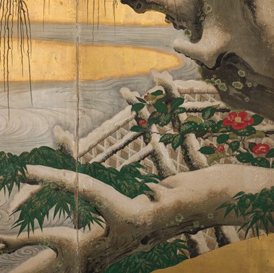 Lot 267 - A HIGHLY IMPORTANT SIX-PANEL ‘SNOW-DUSTED WILLOW AND DUCKS’ BYOBU (FOLDING SCREEN), ATTRIBUTED TO KANO EITOKU, FORMERLY KEPT AS A TREASURED ITEM IN THE JURAKUDAI PALACE IN KYOTO