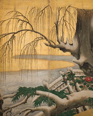 Lot 267 - A HIGHLY IMPORTANT SIX-PANEL ‘SNOW-DUSTED WILLOW AND DUCKS’ BYOBU (FOLDING SCREEN), ATTRIBUTED TO KANO EITOKU, FORMERLY KEPT AS A TREASURED ITEM IN THE JURAKUDAI PALACE IN KYOTO