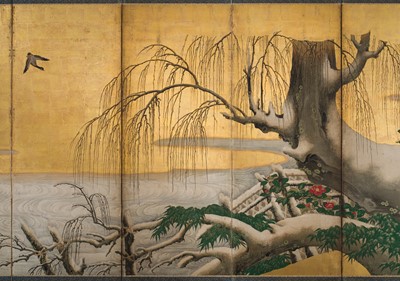 Lot 267 - A HIGHLY IMPORTANT SIX-PANEL ‘SNOW-DUSTED WILLOW AND DUCKS’ BYOBU (FOLDING SCREEN), ATTRIBUTED TO KANO EITOKU, FORMERLY KEPT AS A TREASURED ITEM IN THE JURAKUDAI PALACE IN KYOTO